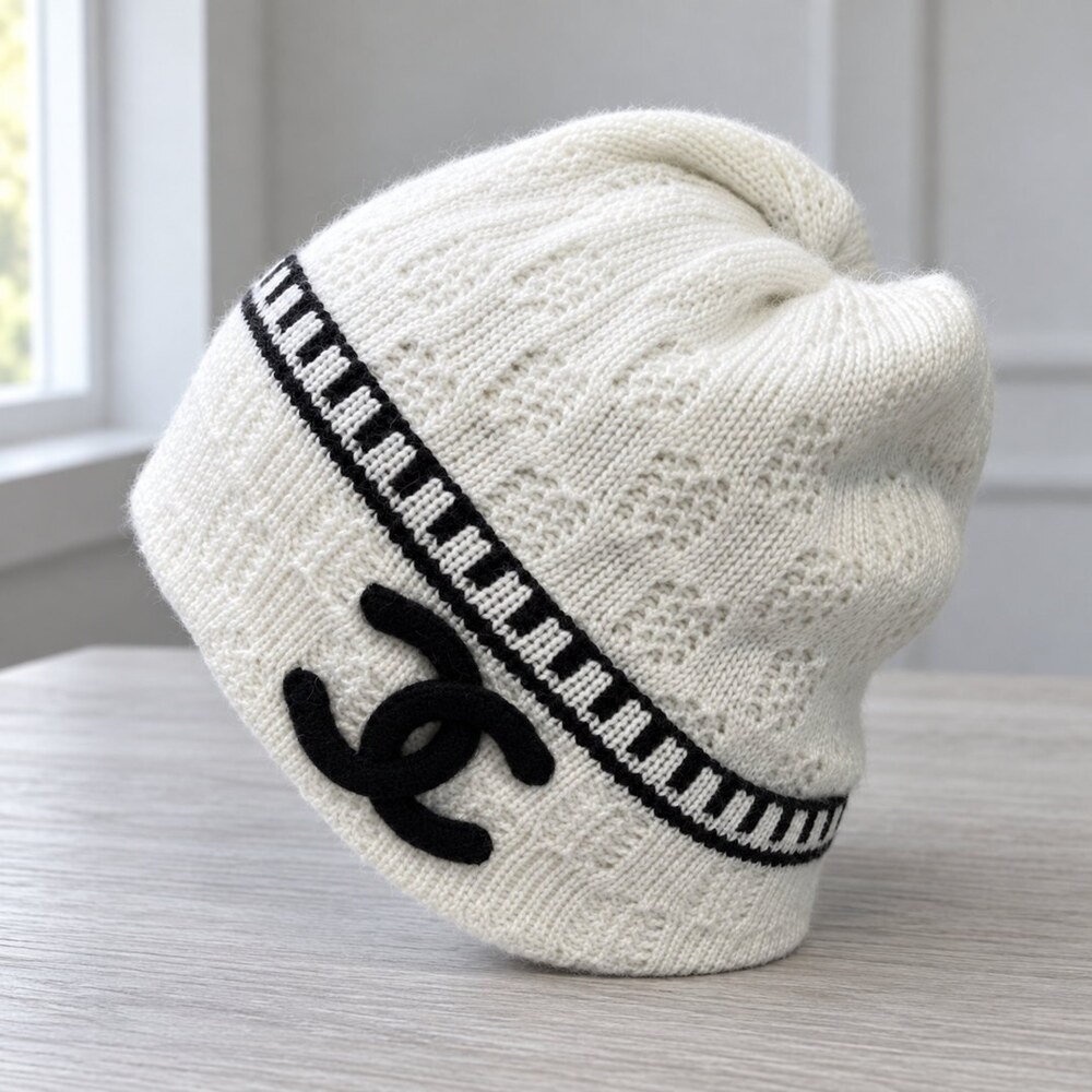 CHANEL White Knit Beanie Black Trim - Picture 4 of 6